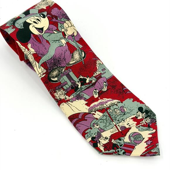 Vintage 90s Disney Red 100% Silk Mickey Minnie Mouse Necktie